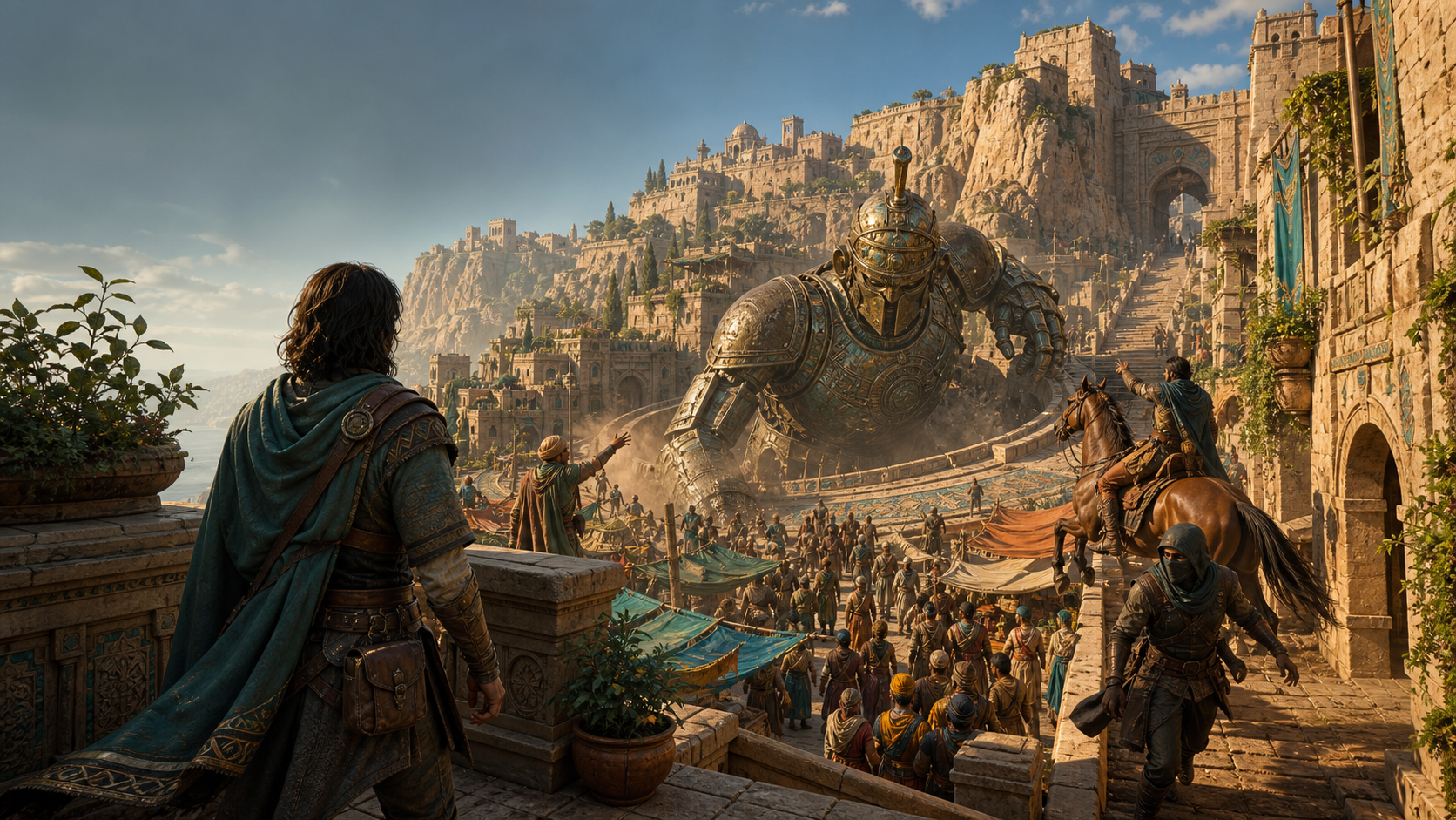 Escena de Questforge con una aventurera frente a una ciudad fantástica.